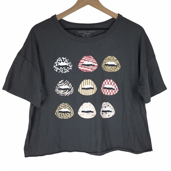 GRAYSON THREADS Sleepwear Crop Top Lips Oversized Shirt Animal Print Size Large - Picture 1 of 7
